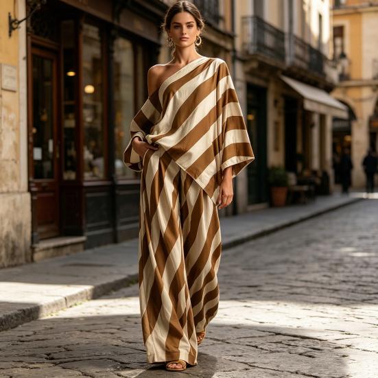 Damen gestreifte 2-teilige Sets Lässiges One-Shoulder-Langarmtop und Hose passendes Set Sommer Lässige Urlaubs-Loungewear Outfits