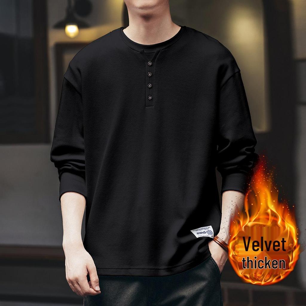 Premium Retro American Henley Collar Long Sleeve Men's Hoodie - Autumn Plus Velvet, Loose Fit High-Grade Pure Cotton POLO Shirt