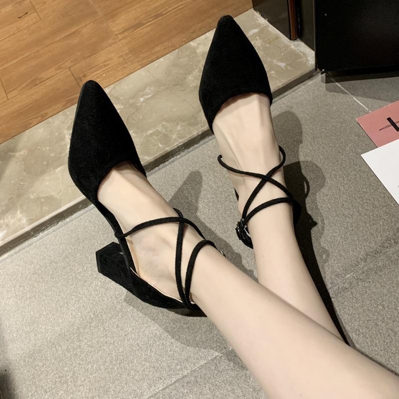 Fashion High Heels Women's Summer Block Heel Pointed Toe Shallow Cross Lace-up Roman One Buckle Strap Hollow Sandals