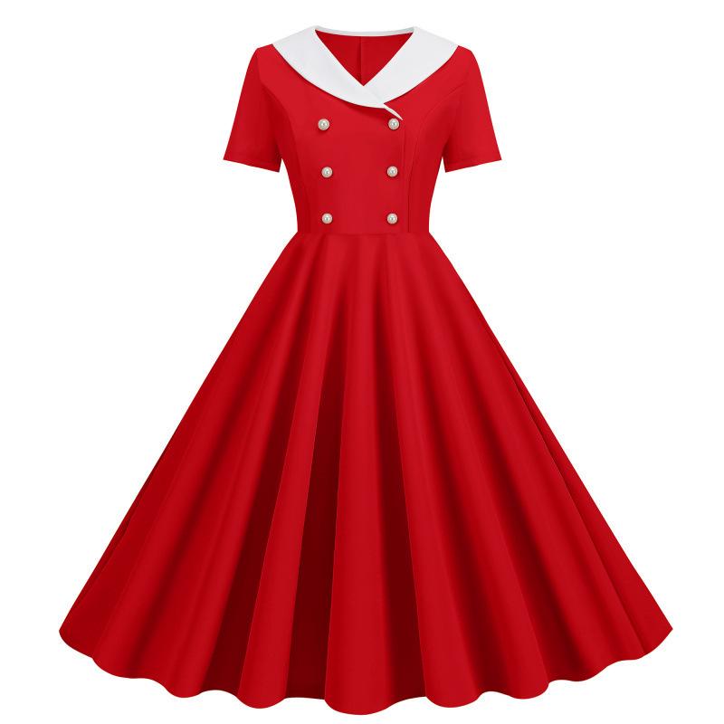 

2024 Summer Retro Casual Solid Color Short Sleeve Swing Dress M
