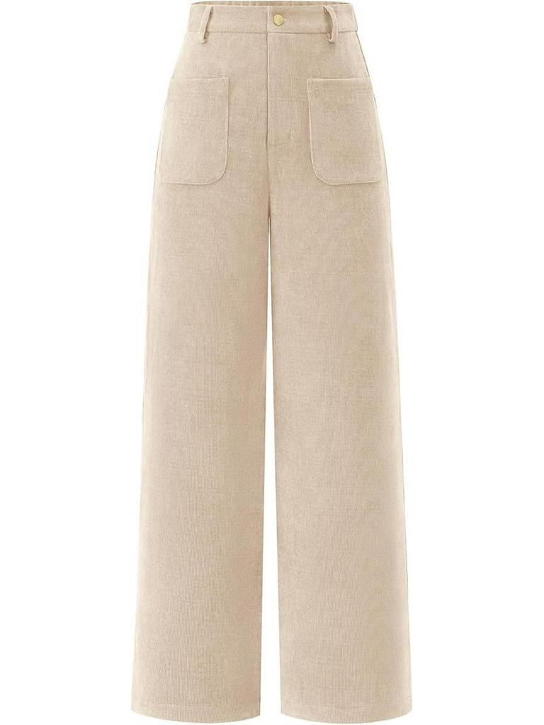 Women's High Waist Elastic Casual Pants with Button and Pockets