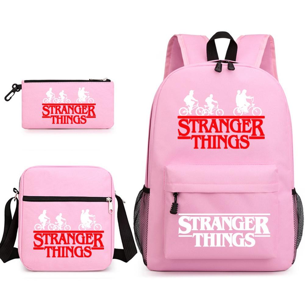 Stylish Stranger Things Canvas Backpack Set Includes Shoulder Bag And Pencil Case Perfect For Casual Travel