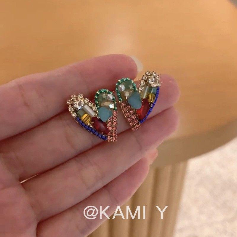 

Kami Y Dopamine Color Crystal Zircon Love Heart Earrings Female South Korea Special-Interest Design Elegant Ear Studs Earrings Color crystal Zircon Heart earrings