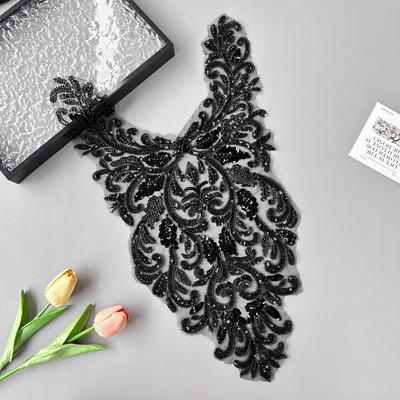 Black Mesh Beaded Sequins Front Collar Cloth Sticker Clothing Evening Dress Wedding Dress Performance Dress Decorative Patch Cloth Sticker Accessories