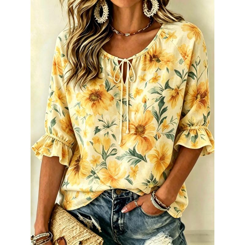 Women's Soft Pink Watercolor Floral Print Tie Front Blouse, Casual Loose Top for Spring Summer Daily Wear