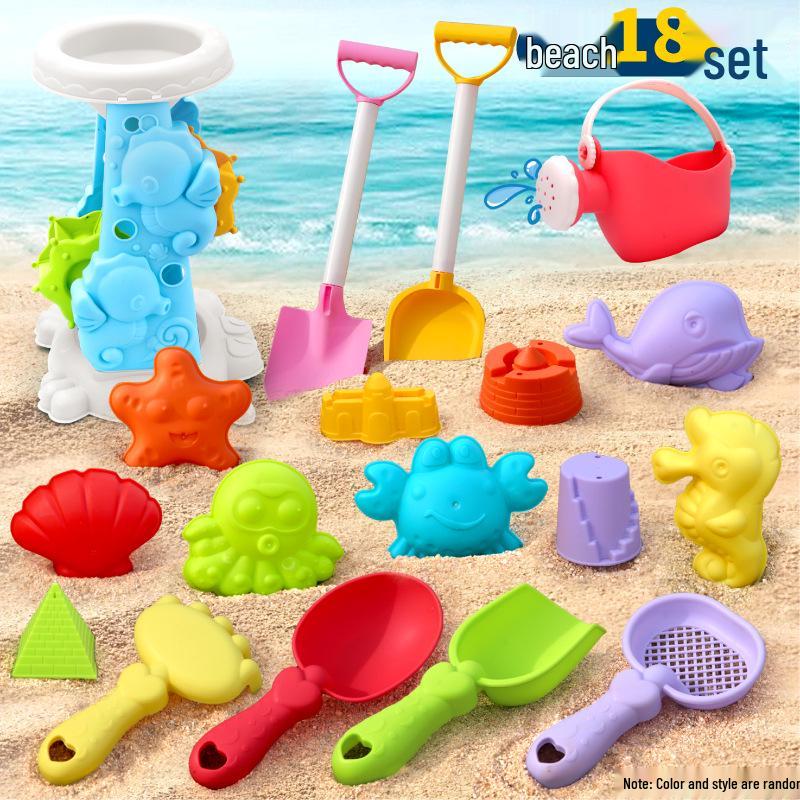 Complete Beach Toy Set: Includes Shovel, Wheelbarrow, Bucket, and Water Toys for Kids' Sand Play at the Seaside.