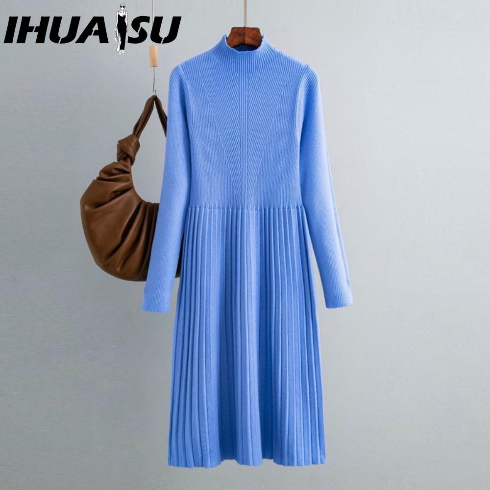 

IHUASU Женское осенне-зимнее простое трикотажное платье-свитер с длинным рукавом и высокой талией one size синий