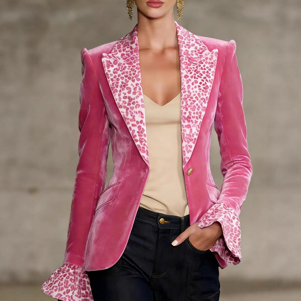 Multi-color Leopard Print Velvet Suit with Bell Sleeves and Faux Pockets - Women's Fashion