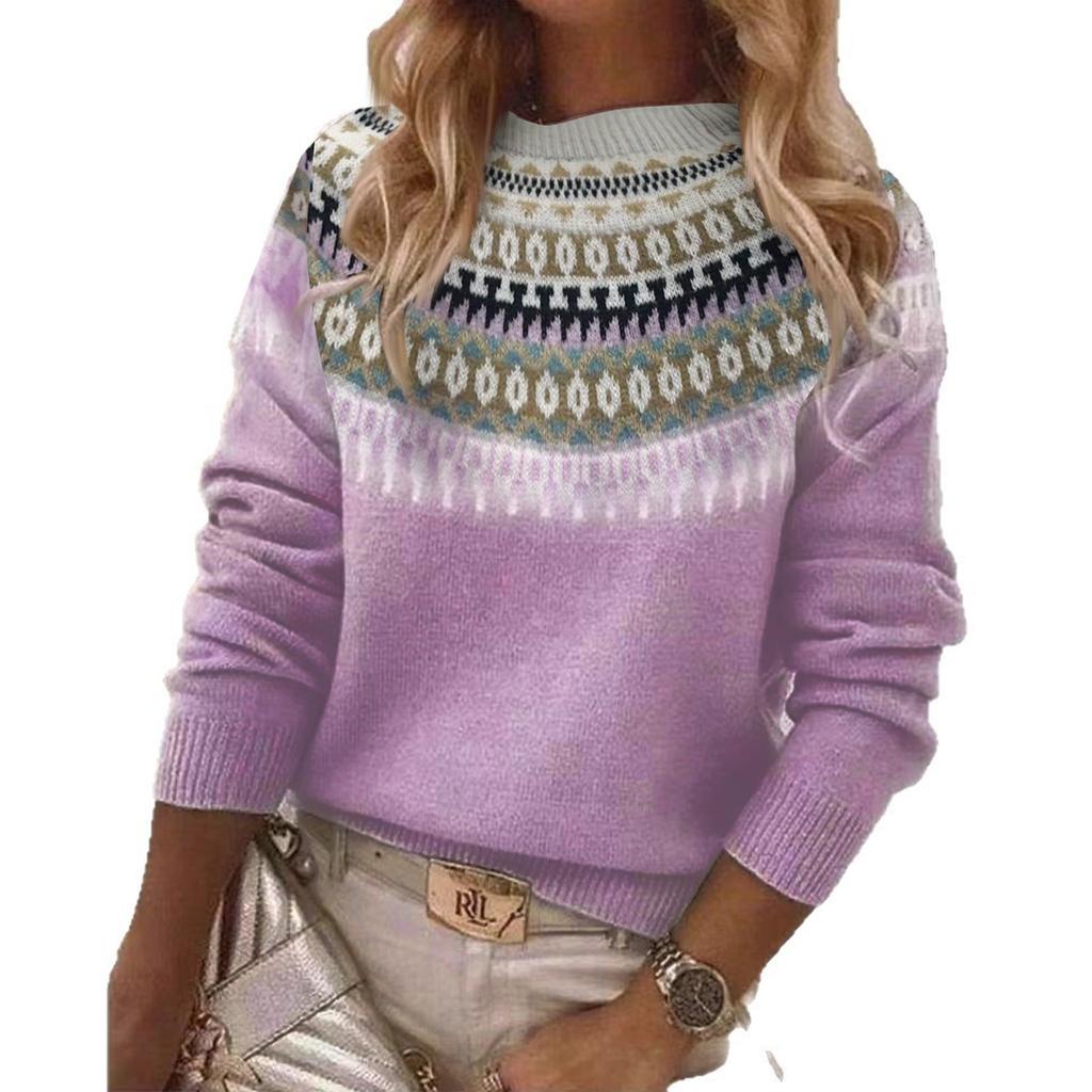 Dámský zimní pletený svetr s kulatým výstřihem, barevně blokovaný, volný, módní