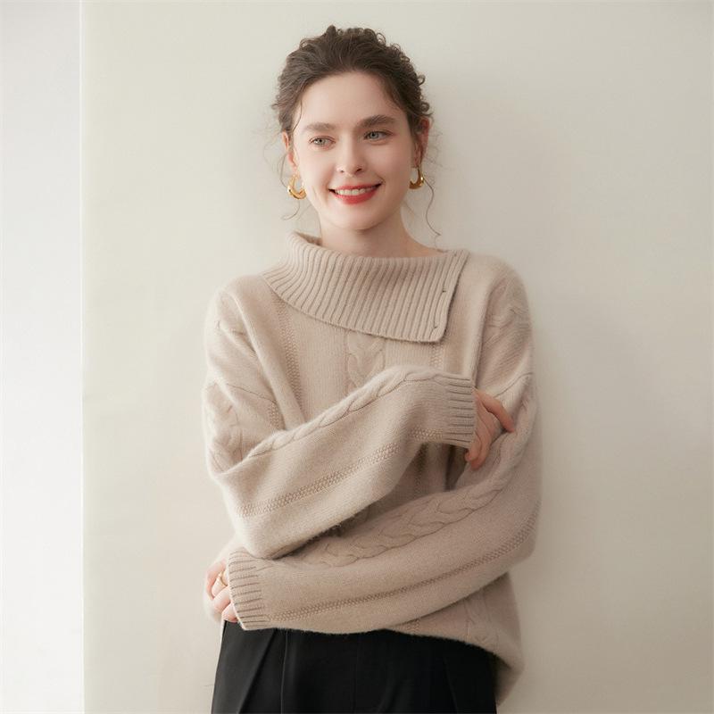 Women's Thickened Cashmere Cable Knit Sweater - Solid Color Base Layer Top for Autumn & Winter