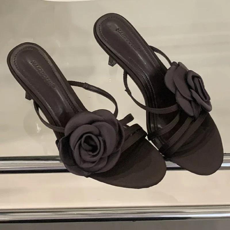 

Fashion Elegant Flower Narrow Band Design Brand Women Slippers Summer Open Toe Sexy Thin Heel Slide Sandals Comfortable Satin Party Shoe 35 коричневый