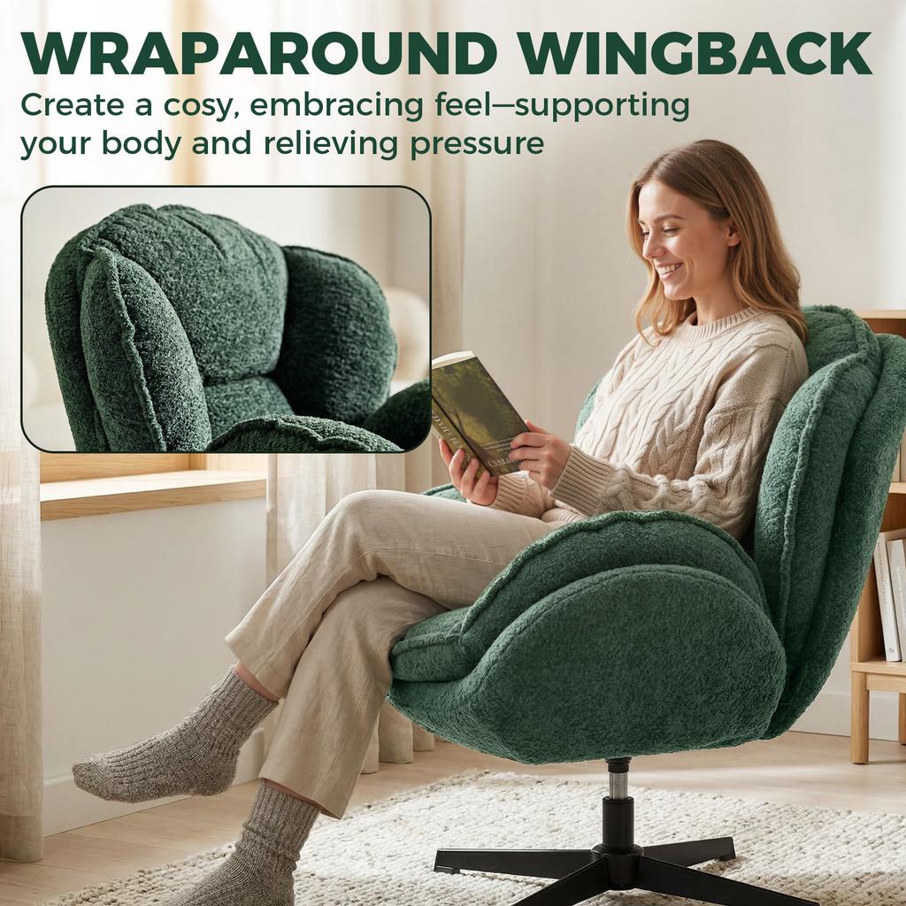 Modern Wingback Accent Chair, Velvet Armchair with Four-Star Base, S-Springs, Swivel, Dark Green