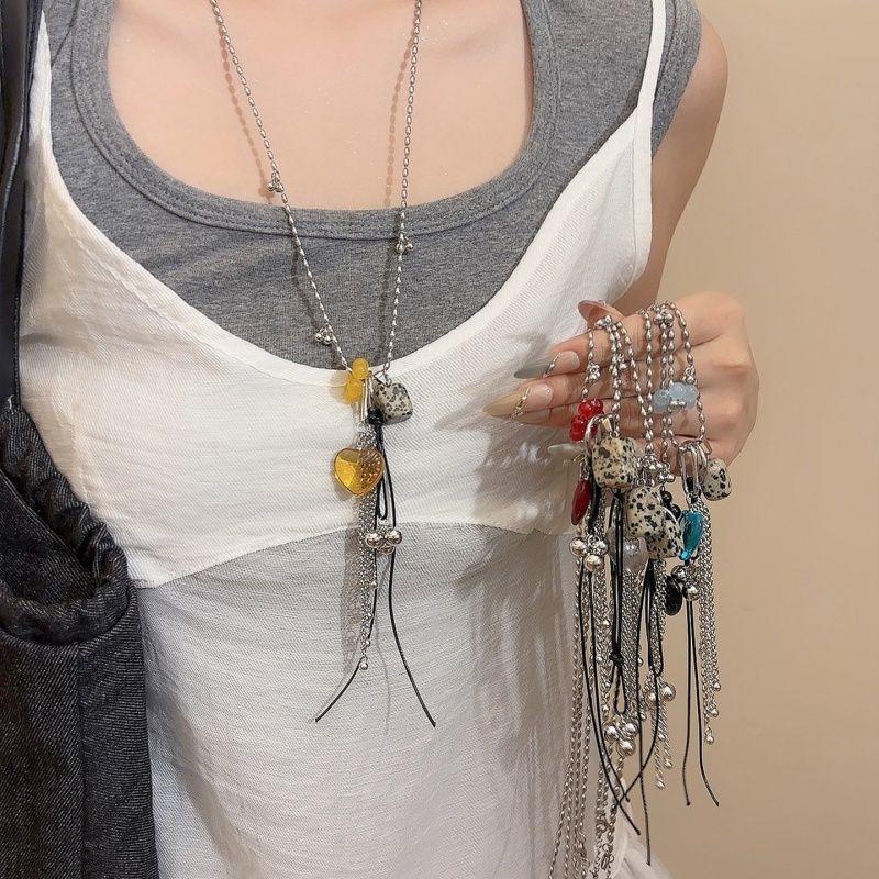 Colorful  Heart Tassel Pendant Necklace For Women Girls Spotted Squares Charm Long Chain Neck Jewelry Gift