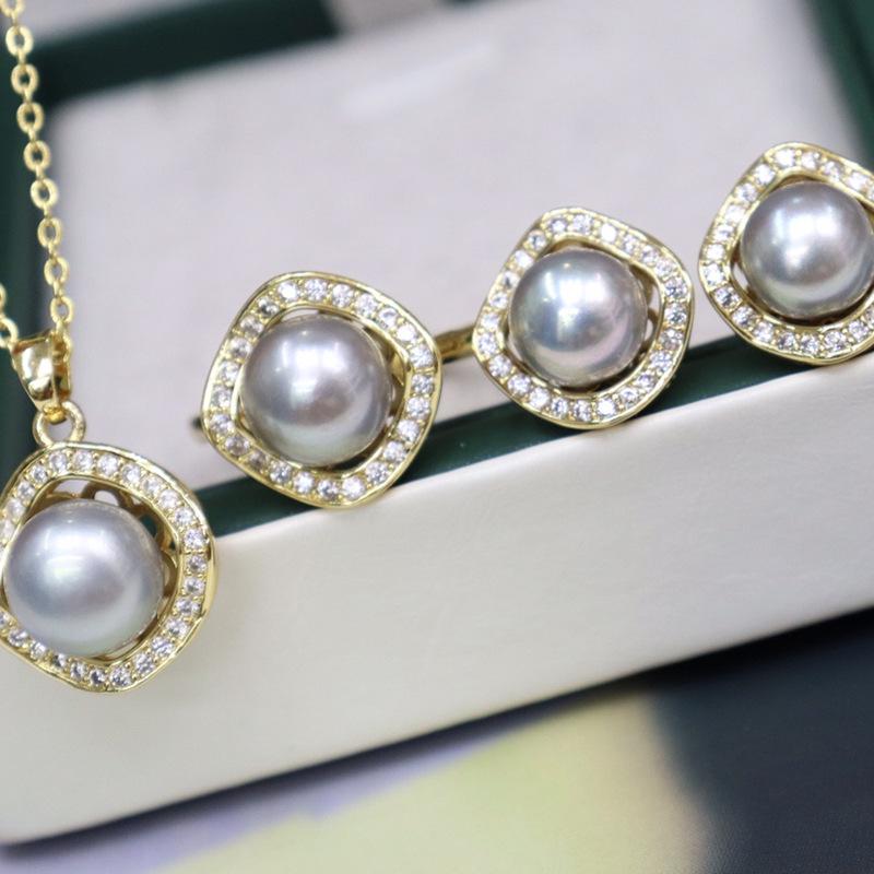 Elegant 8-9mm Freshwater Pearl Necklace, Silver Stud Earrings, and Ring Set for Women
