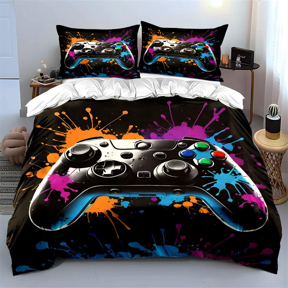 Vibrant Game Controller with Color Splashes Print Bedding Set 1 Duvet Cover 2 Pillowcases for Adult and Children Luxury Gift