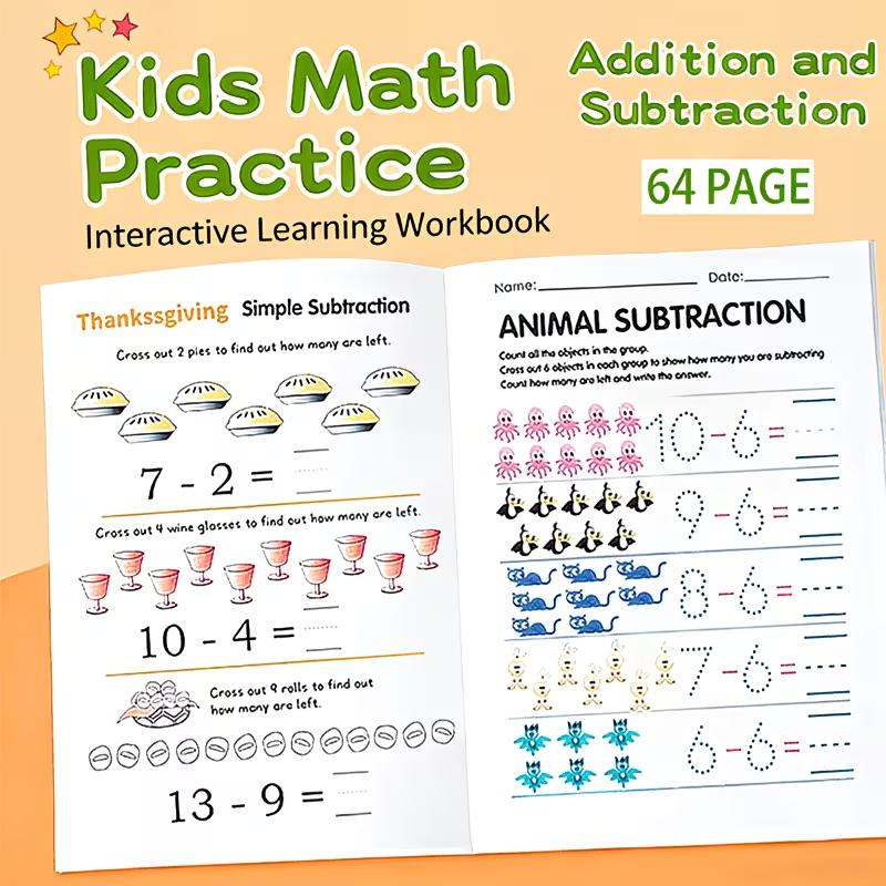 64 Seiten Additions- und Subtraktions-Mathe-Arbeitsbuch für Kinder | Interaktives Lern-Übungsbuch für Kindergarten & Homeschooling