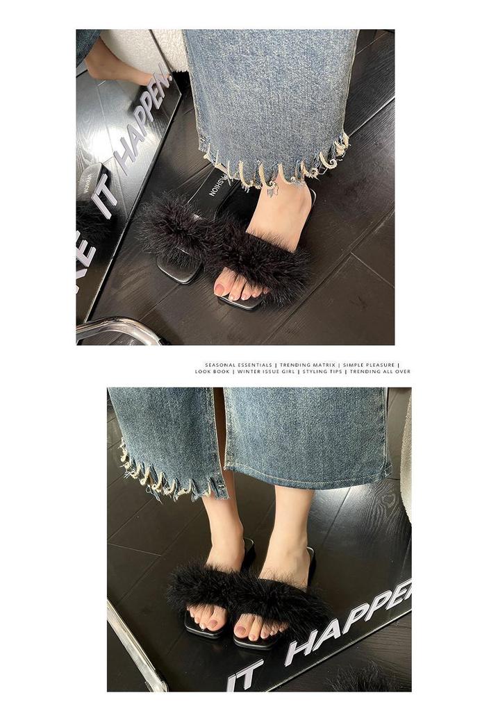 Women's 2026 Summer Fairy Style Furry Slippers - Girly Korean One-Strap Slides, Versatile with Skirts