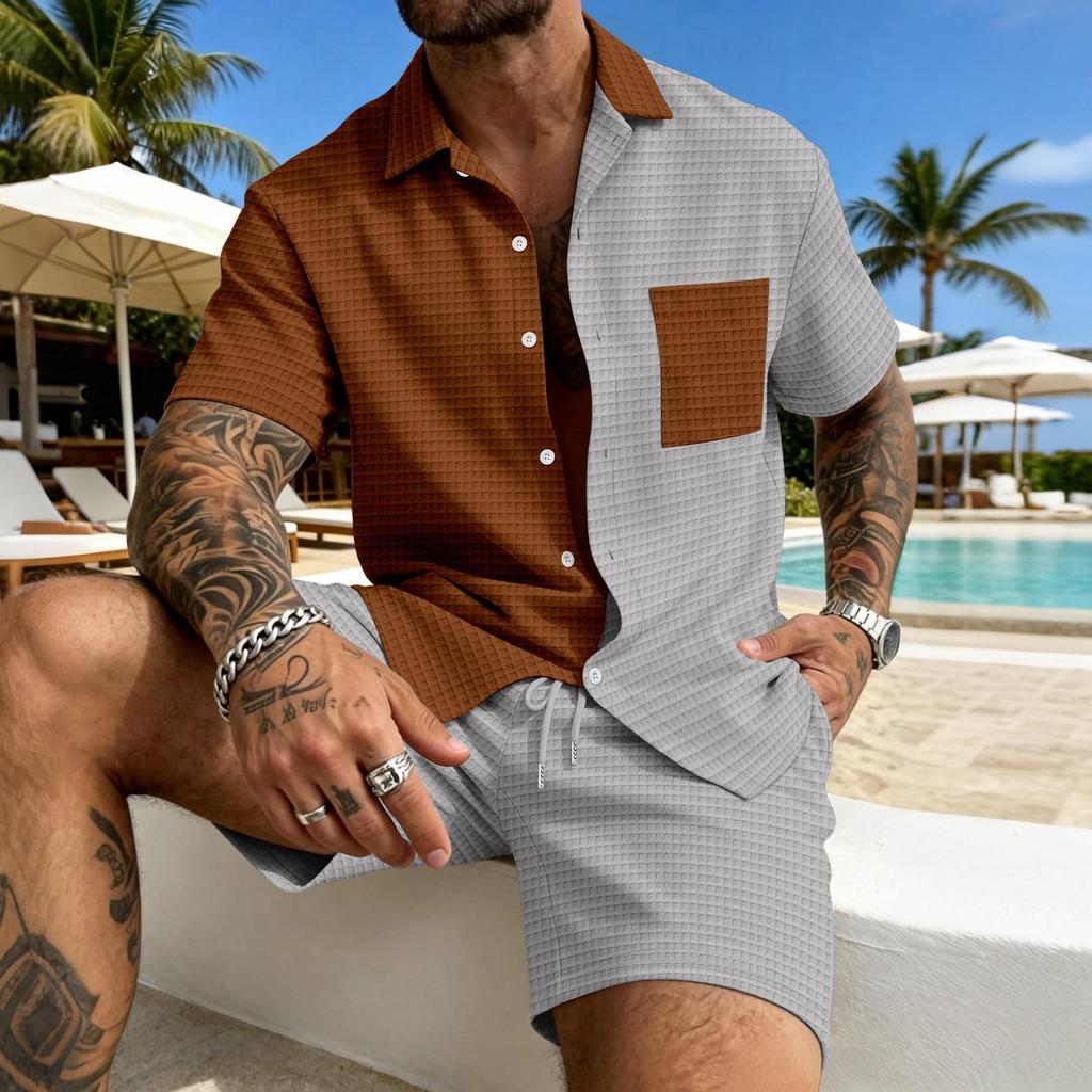 Men's American Summer Plaid Color Block Pocket Shirt & Shorts Casual Set