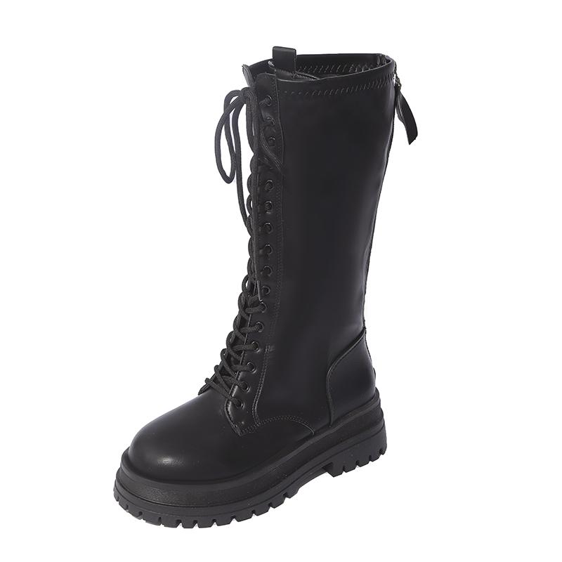 Fashion Lace-up Skinny Boots Women's Autumn and Winter Small Round Toe Versatile Block Heel Platform Thigh Boots