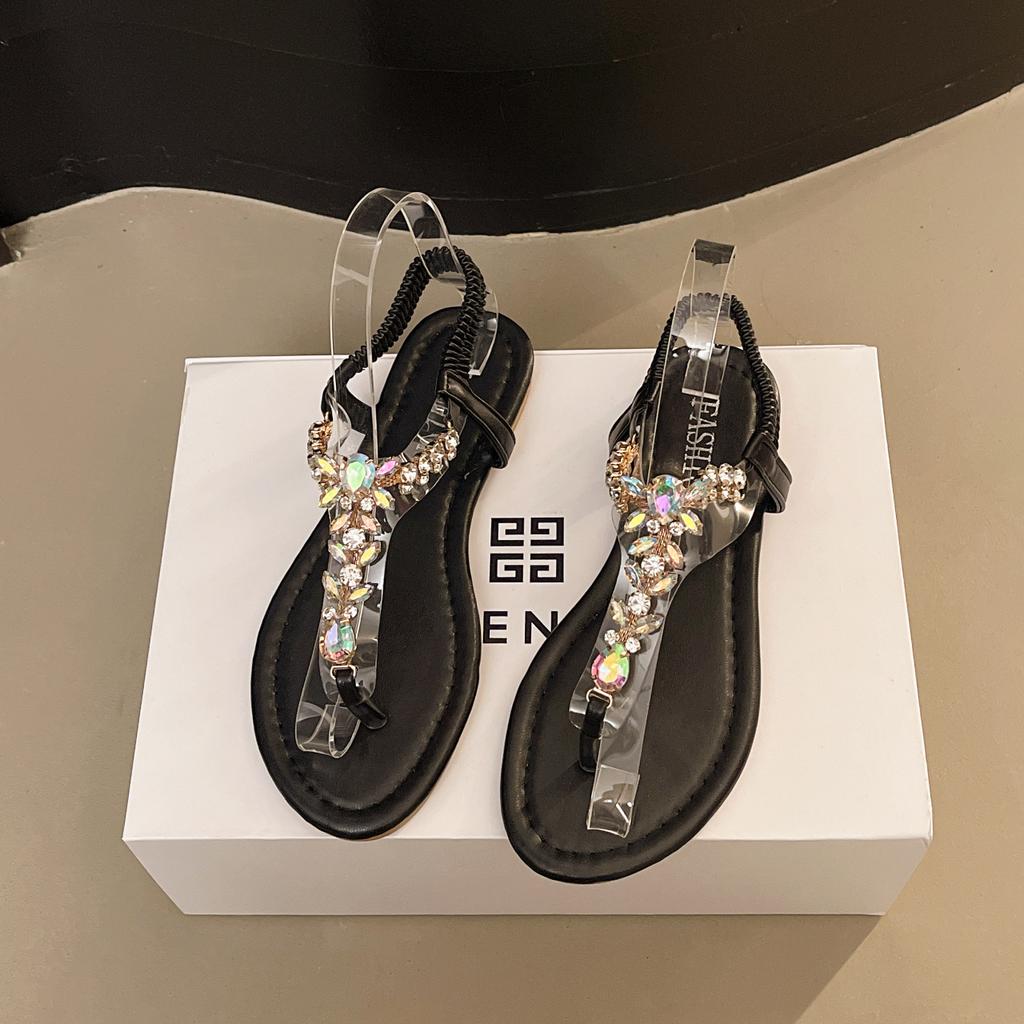 Large size women's shoes 41-43 fat feet rhinestone toe Roman sandals summer versatile flat bottom with skirt seaside beach shoes