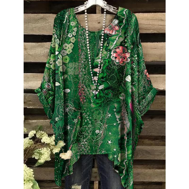 Ethnic style round neck T-shirt casual and comfortable large size top