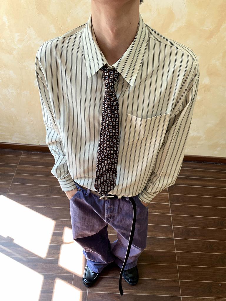 Spring New Striped Simple Lapel Shirt Men's High-end Retro Long-sleeved Top