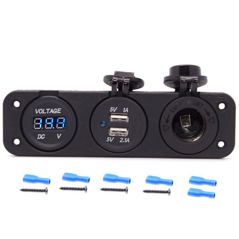 Car Accessories - Three-Function Dual USB Charger + LED Voltmeter + 12V Socket Panel Rechargeable Power Adapter Suitable For Yacht Car Accessories