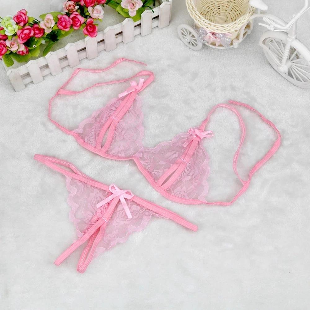 Sexy Women Lady Lingerie see through Lace Underwear Sleepwear lace up bra +Open Crotch G-string Erotic set For Woman