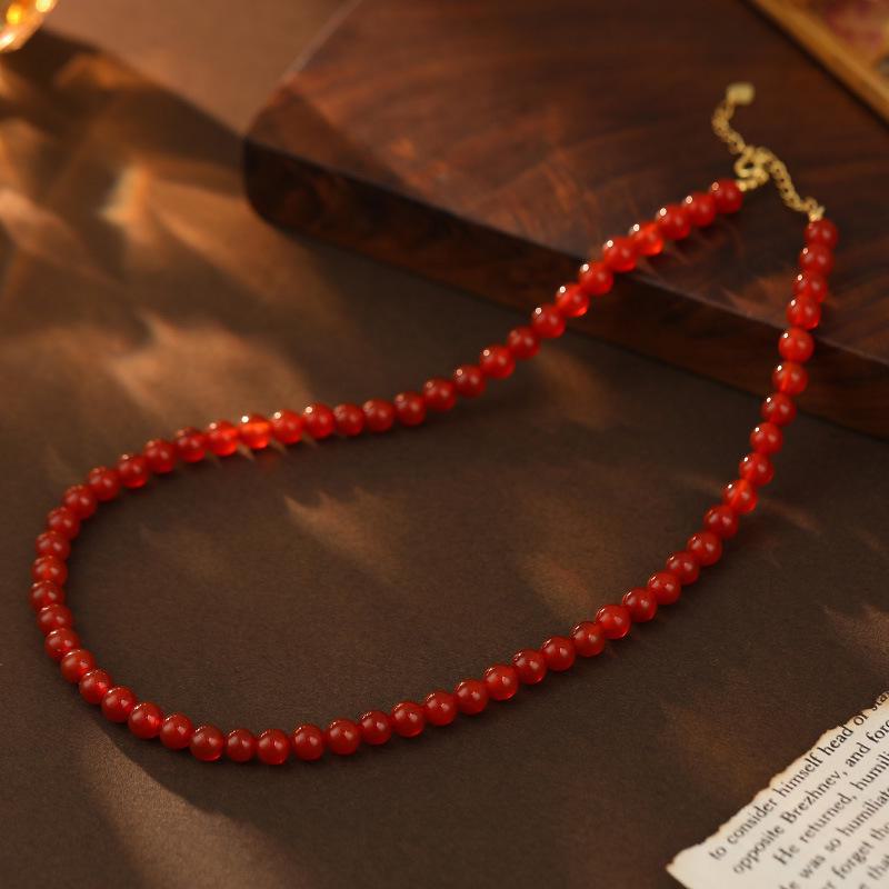 Banyan Tree S925 Silver Red Agate Beaded Necklace - Handmade Chinese Retro Clavicle Chain for Women