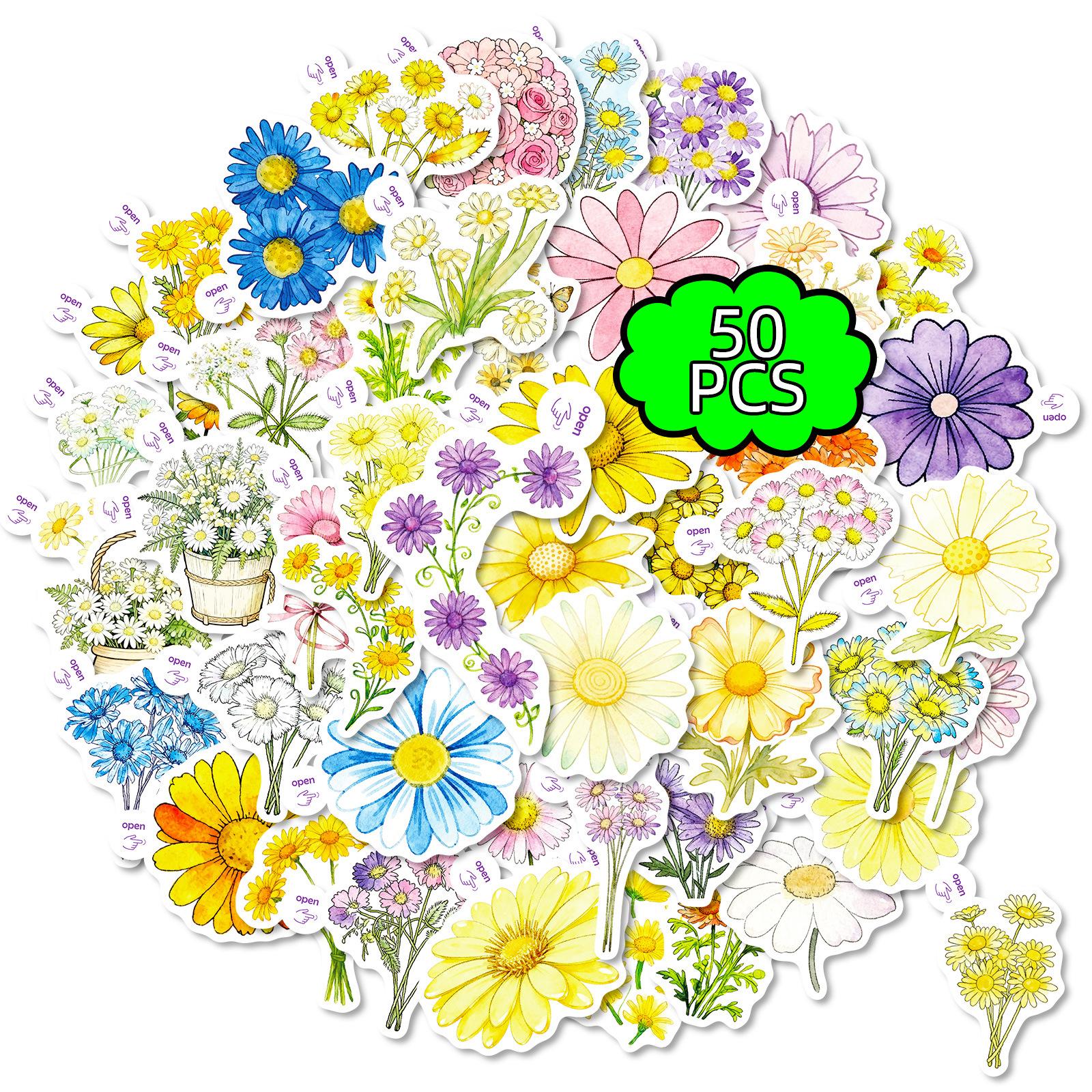 

50 Pieces Of Colored Daisies Small Handle Sticker Daisies + Bouquet Gentle And Fresh Decorative Material Stickers
