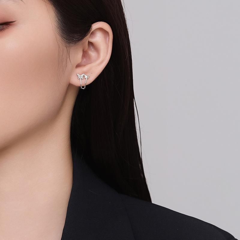 Two Butterfly Diamond Ear Clips Female Korean Temperament Small Fresh French Small Cute Earrings