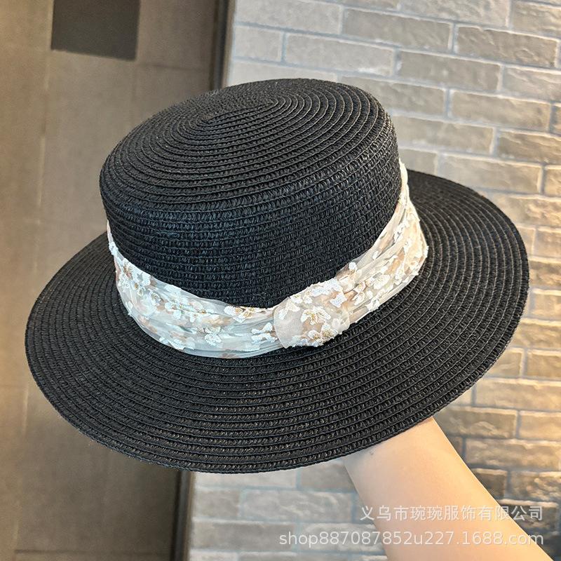 Summer New Floral Decorative Straw Hat Women's Outdoor Travel Seaside Sunshade Beach Hat Casual Versatile Flat Top Hat