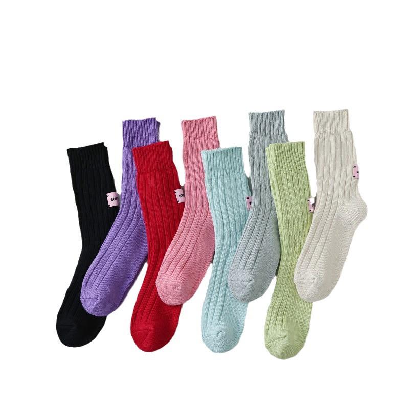 Japanese Pink Label Chunky Knit Mid-Calf Socks - Unisex Solid Color Raw Cotton