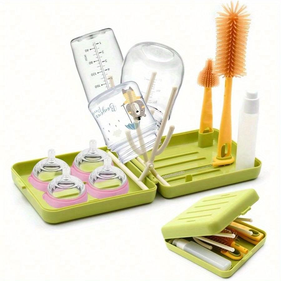 Portable Baby Bottle Brush Kit Premium Silicone Bottle Cleaner Brush, Nipple Brush, Straw Brush, Soap Dispenser, Bottle Drying Rack, and a Storage
