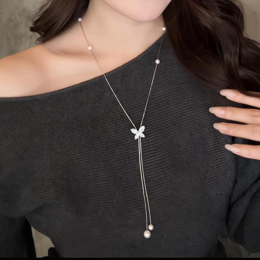Zircon Butterfly Round Pearl Necklace - Niche Design, Elegant Sweater Chain, Light Luxury Feel