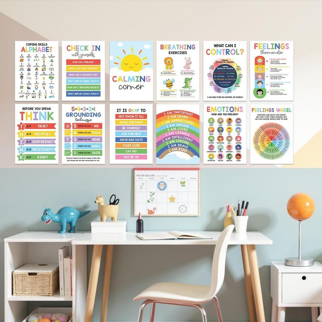 Calming Corner Posters 12-Piece Set | Mental Health Emotions Chart Wall Art for Classroom Library Preschool Homeschool Students