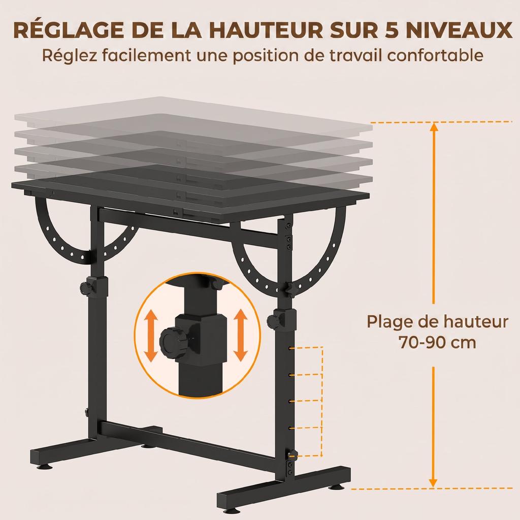 Tiltable Drafting Table, 0-85 Degrees, Height-Adjustable, Non-Slip Edge, Steel Frame, Black