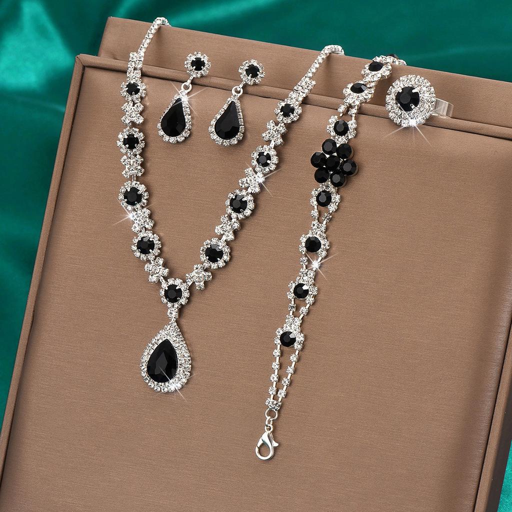 Luxury Crystal Teardrop Jewelry Set for Women Necklace Earrings Bracelet Ring 4 Piece Elegant Fashion Gift
