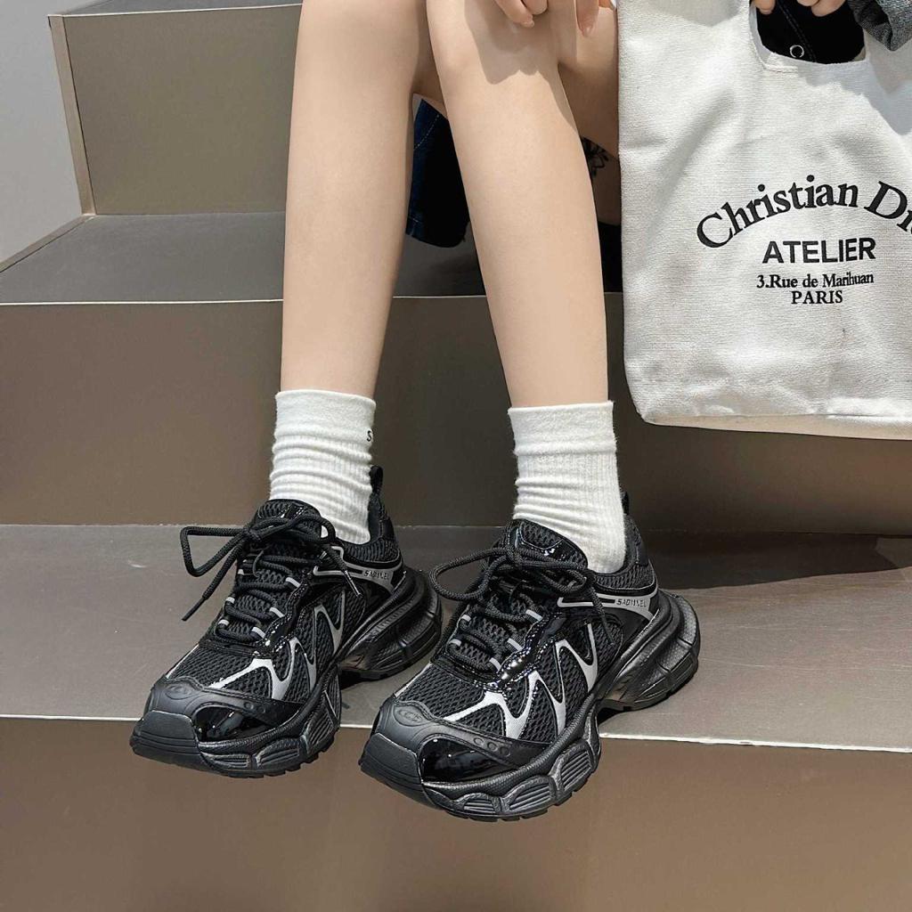 Daddy Shoes Women's 2025 New Fashionable Breathable Thick-soled Heightening Lightweight Mesh Lace-up Casual Sports Running Shoes