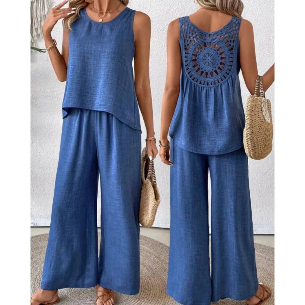 Women's O Neck Sleeveless Solid Back Cutout Tank Top Elastic Waist Wide Leg Long Pants 2 Piece Outfit Casual Daily Vacation Tracksuit Set