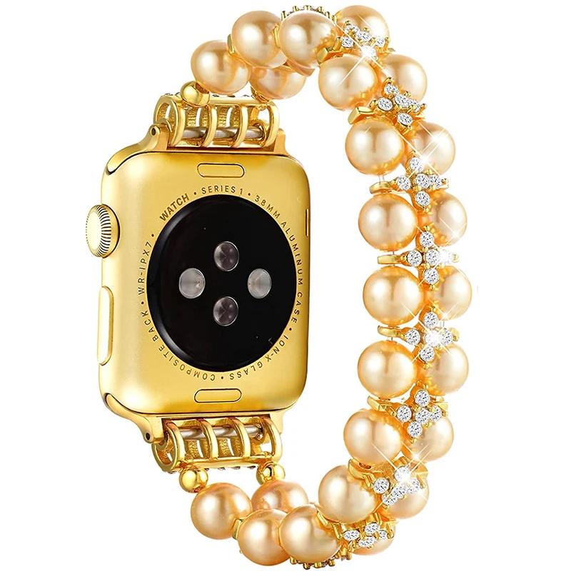 

Ремешок для часов с жемчугом для Apple Watch Band 8, ультра-бусины, 49 мм, женские стальные ювелирные изделия, эластичные Iwatch Series 7, 6 SE, 5, 4, 3, 44 мм, 40 мм, 42, 45 мм 42 44 45 49mm