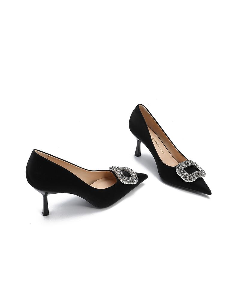 Schuhe Damen Pure Desire Wind 2025 Neu Strass Quadratische Schnalle High Heels Damen Spitzkopf Flacher Ausschnitt Pendeln Dünner Absatz Französische Einzelne Schuhe