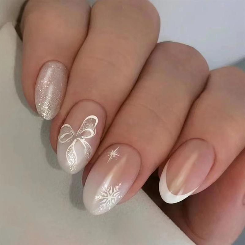 24Pcs Short Round Head Press on False Nails Yellow French 3D Flower Fake Nail for Woman Reusable Finished Full Cover Nails Tips