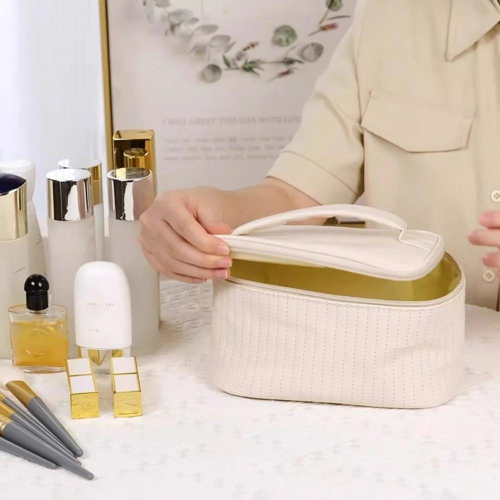 Handheld Solid Color PU Leather Cosmetic Organization Storage Bag Portable Travel Toiletry Pouch for Women