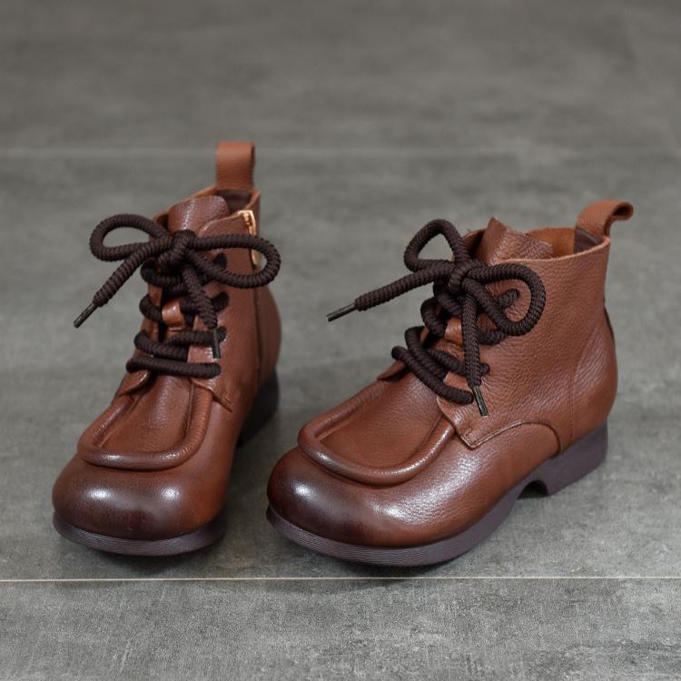 Johnature Vintage Cowhide Handmade Short Boots Genuine Leather Lace Up Round Toe Soft Soled Boots Women's Shoes