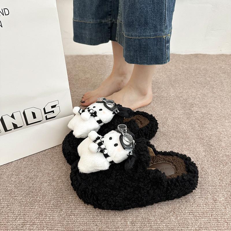 Cute cartoon glasses dog hair slippers women's 2025 autumn and winter new thick-bottomed versatile non-slip one-word cotton slippers