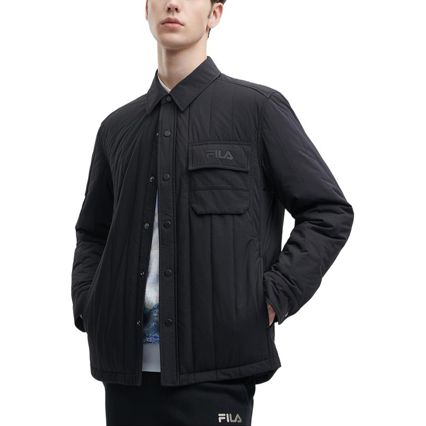 Fila 2023 Winter New Sherpa Warm Flannel Shirt Collar Slightly Wrinkled Lapel Long Sleeve Fitted Jacket Cotton Coat Men Jackets Black F11M348902F-BK