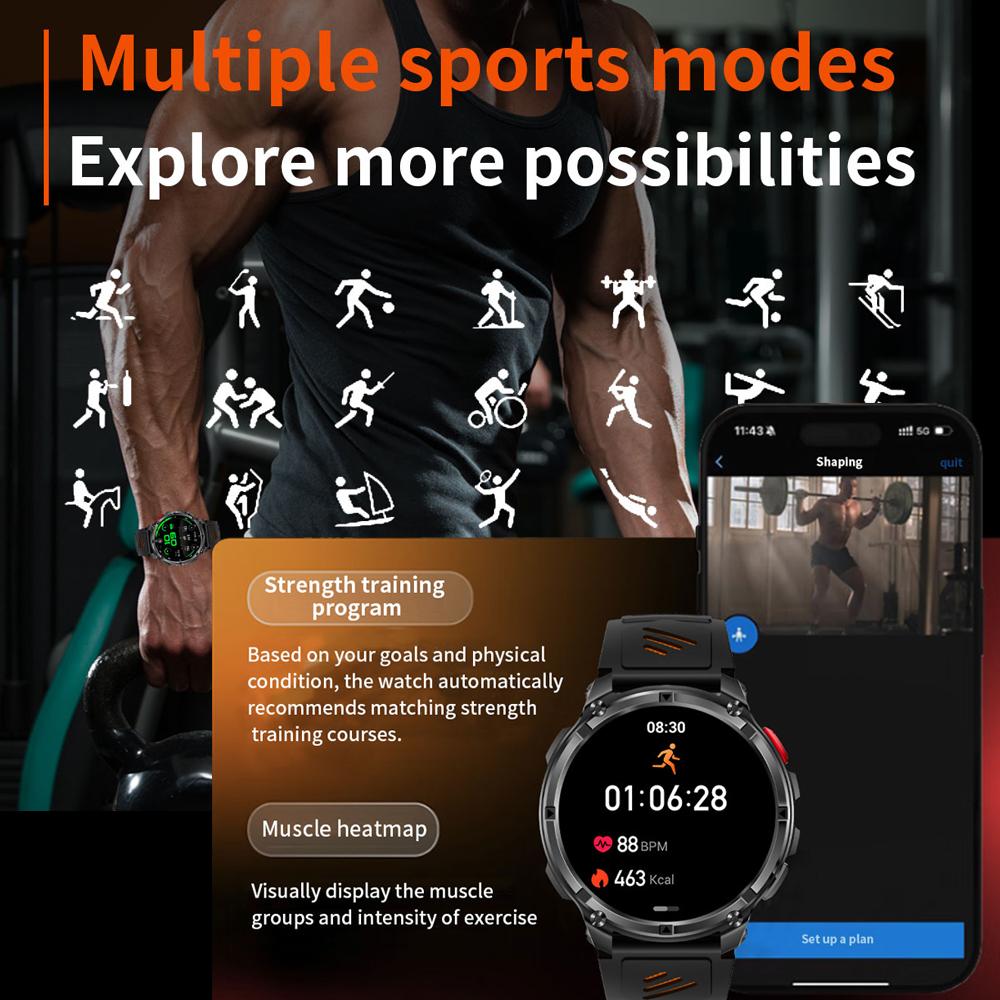 Militärische 1100mAh Super-Große Batterie Herren Kompass Smartwatch 1,7-Zoll AMOLED Bluetooth-Anruf IP68 Wasserdicht Sport Smartwatch