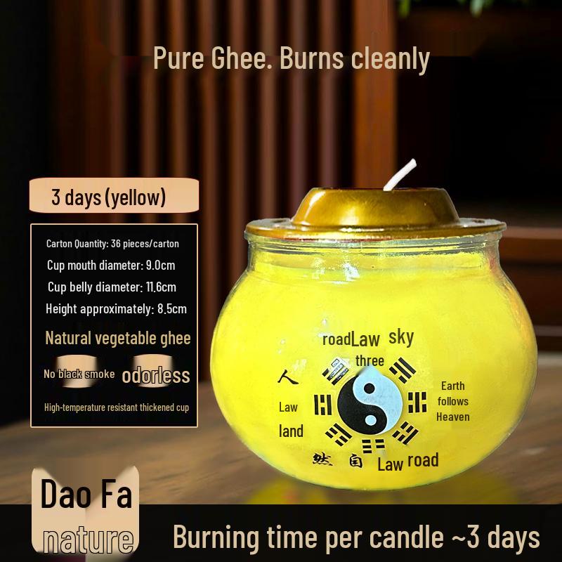 Ghee Oil Candle for Taoist Temple: 7-Day Smokeless Cylindrical Lamp