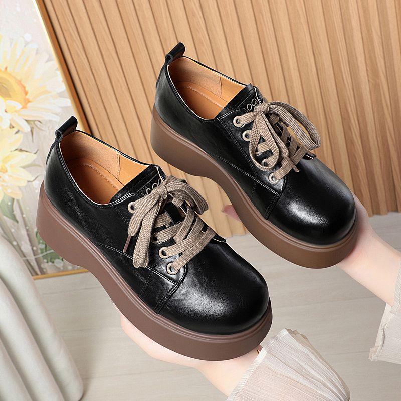 Women's Fashion Leather Loafers: Non-slip, Thick Sole, Lace-up, Casual, Versatile Shoes for Spring and Autumn.